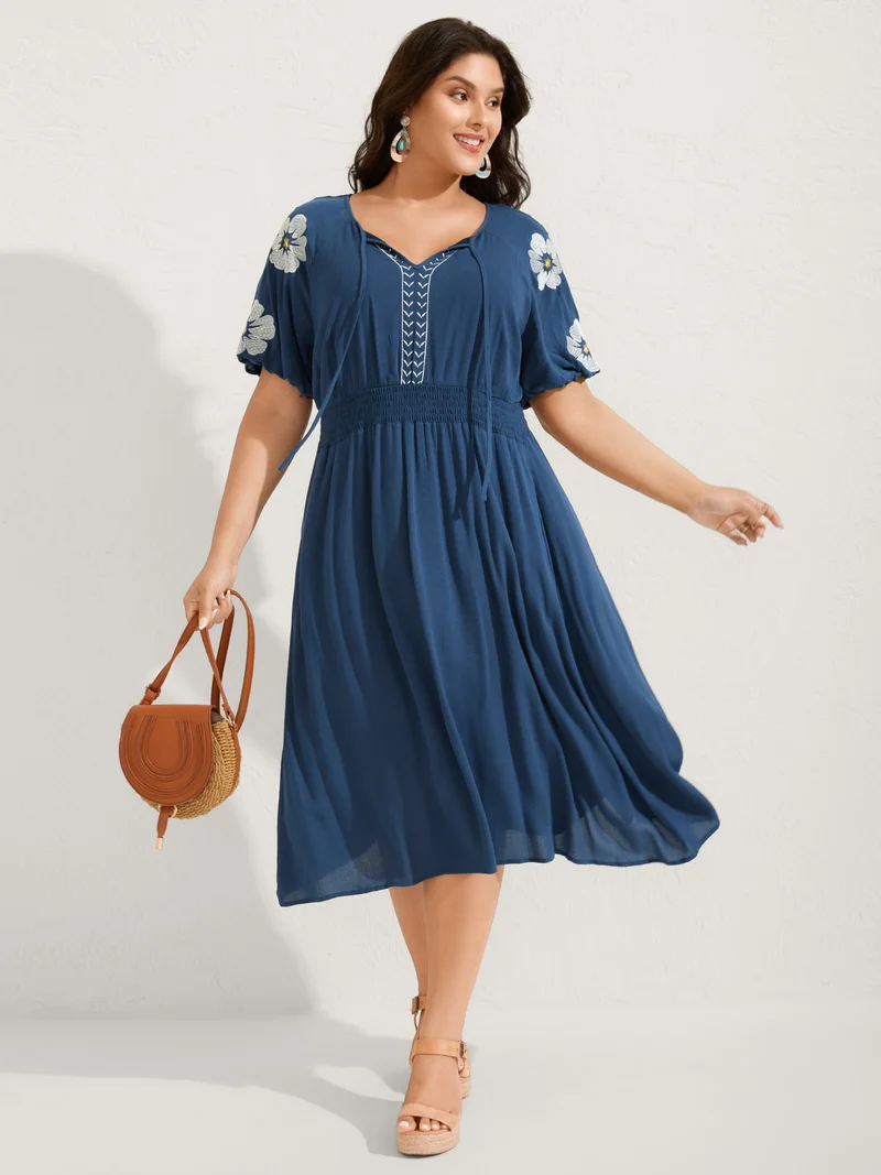 Floral Embroidered Shirred Waist Midi Dress