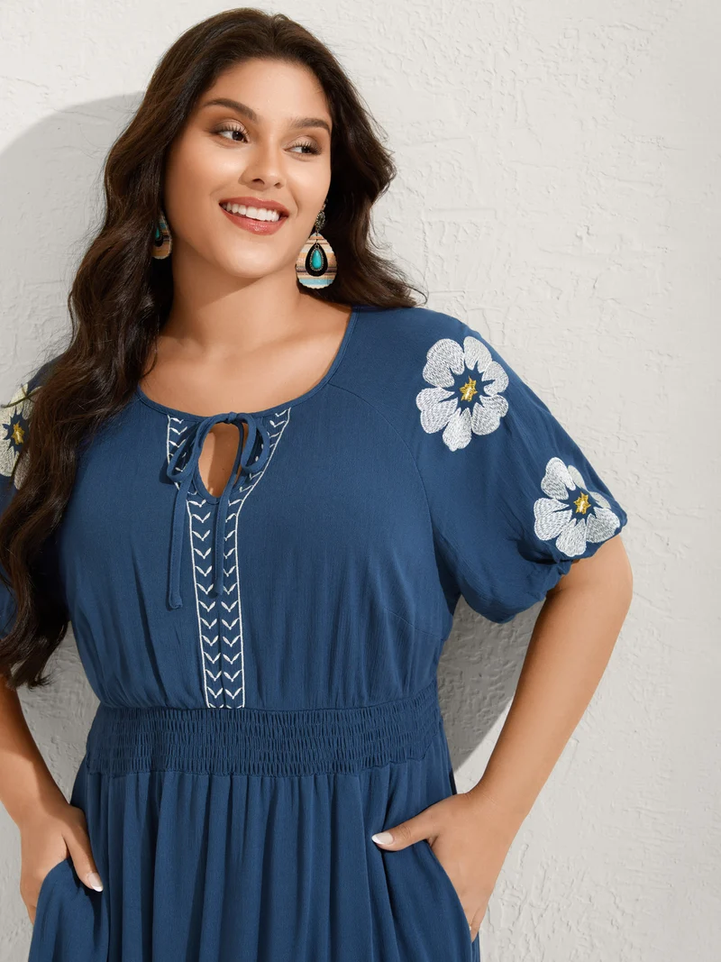 Floral Embroidered Shirred Waist Midi Dress
