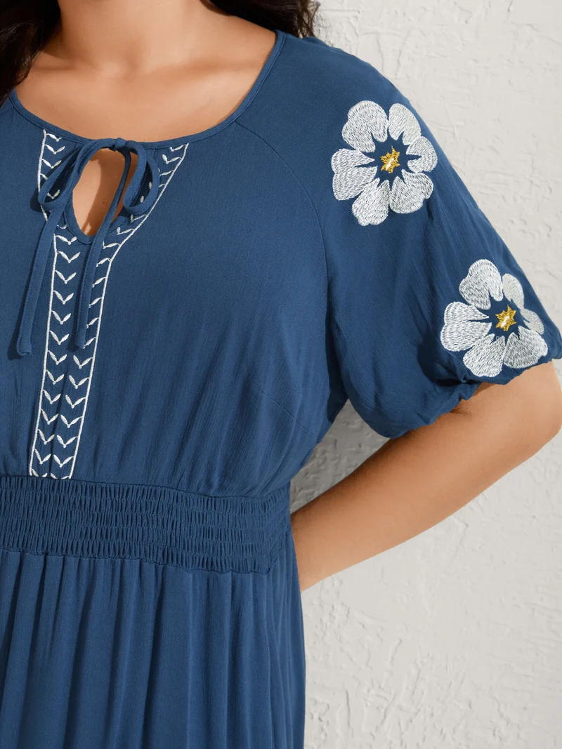 Floral Embroidered Shirred Waist Midi Dress