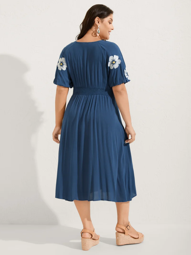 Floral Embroidered Shirred Waist Midi Dress