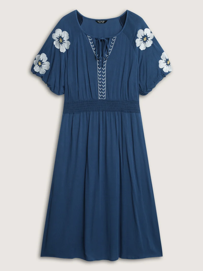 Floral Embroidered Shirred Waist Midi Dress