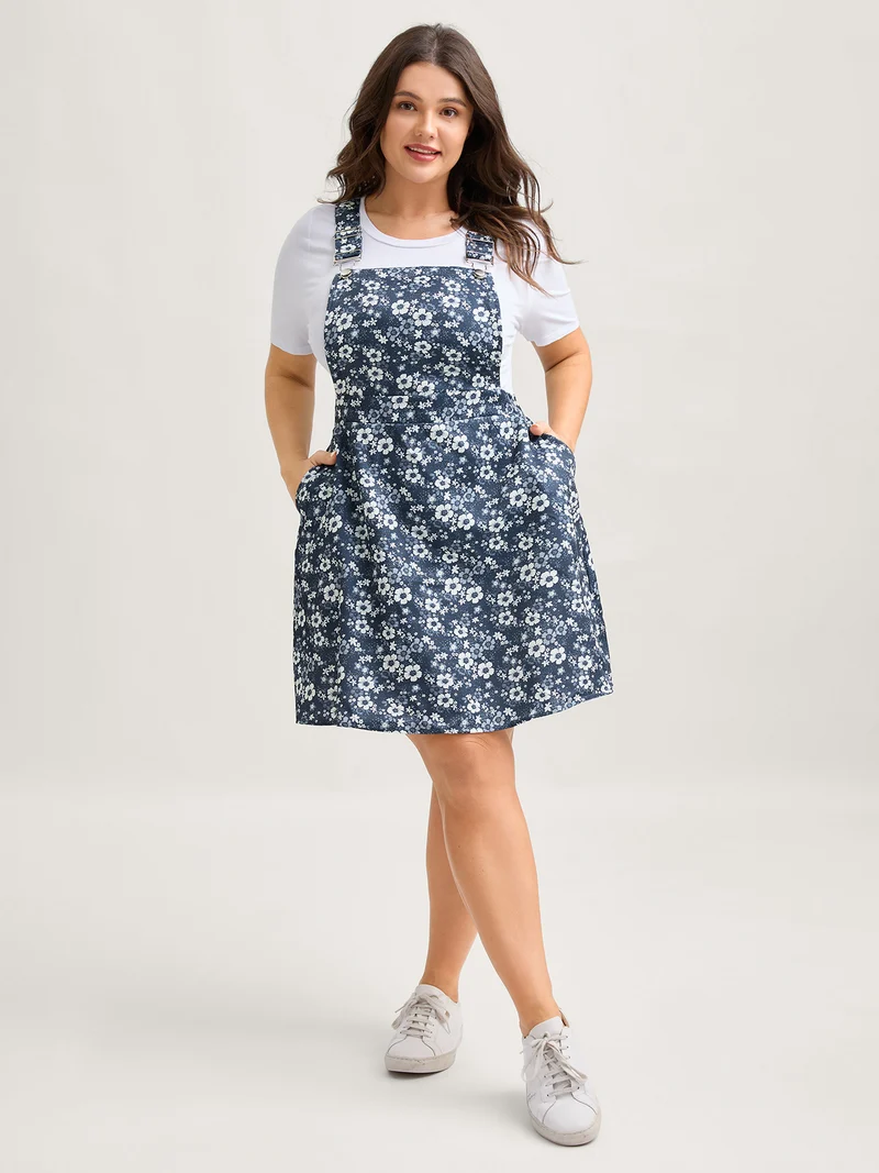 Floral Overall Straps Stretchy Waist Midi Dress
