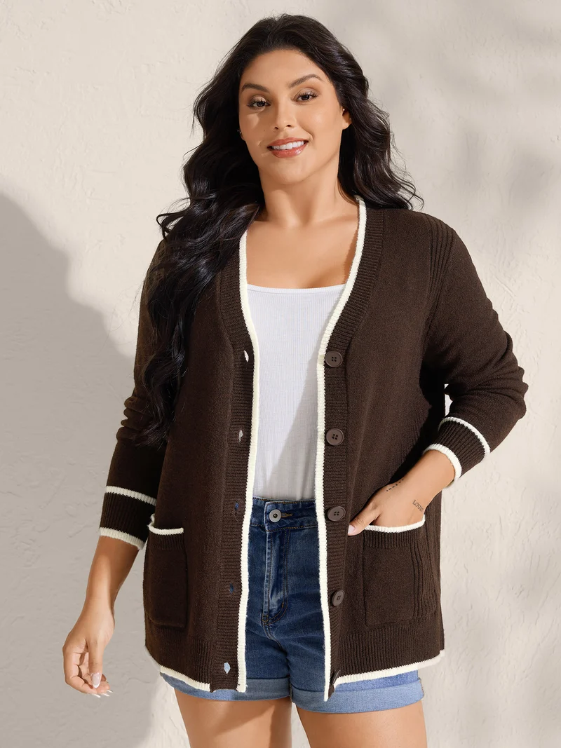 Textured Pocket Color Contrast Knit Cardigan