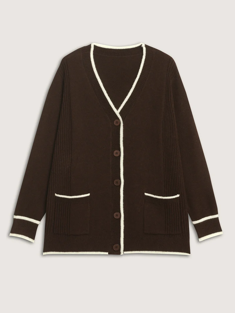 Textured Pocket Color Contrast Knit Cardigan
