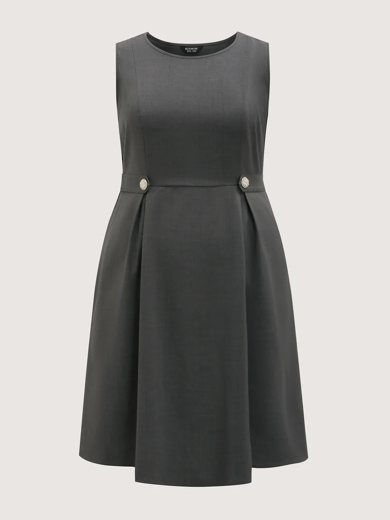 Inner Pleats Waist-Defining Buckle Midi Dress