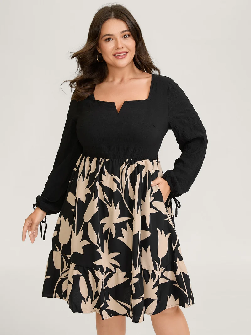 Floral Contrast Print Pockets Midi Dress