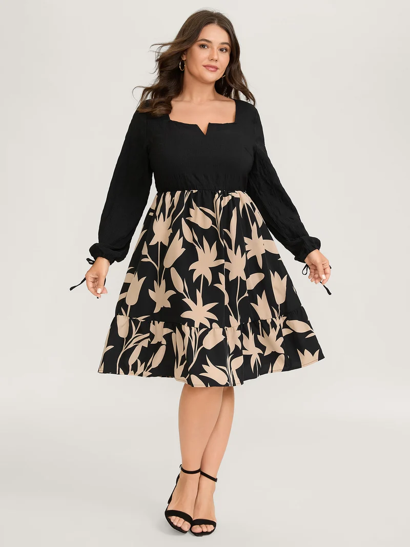 Floral Contrast Print Pockets Midi Dress