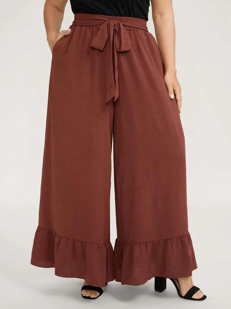 Ruffled Wide-Leg Belted Pants
