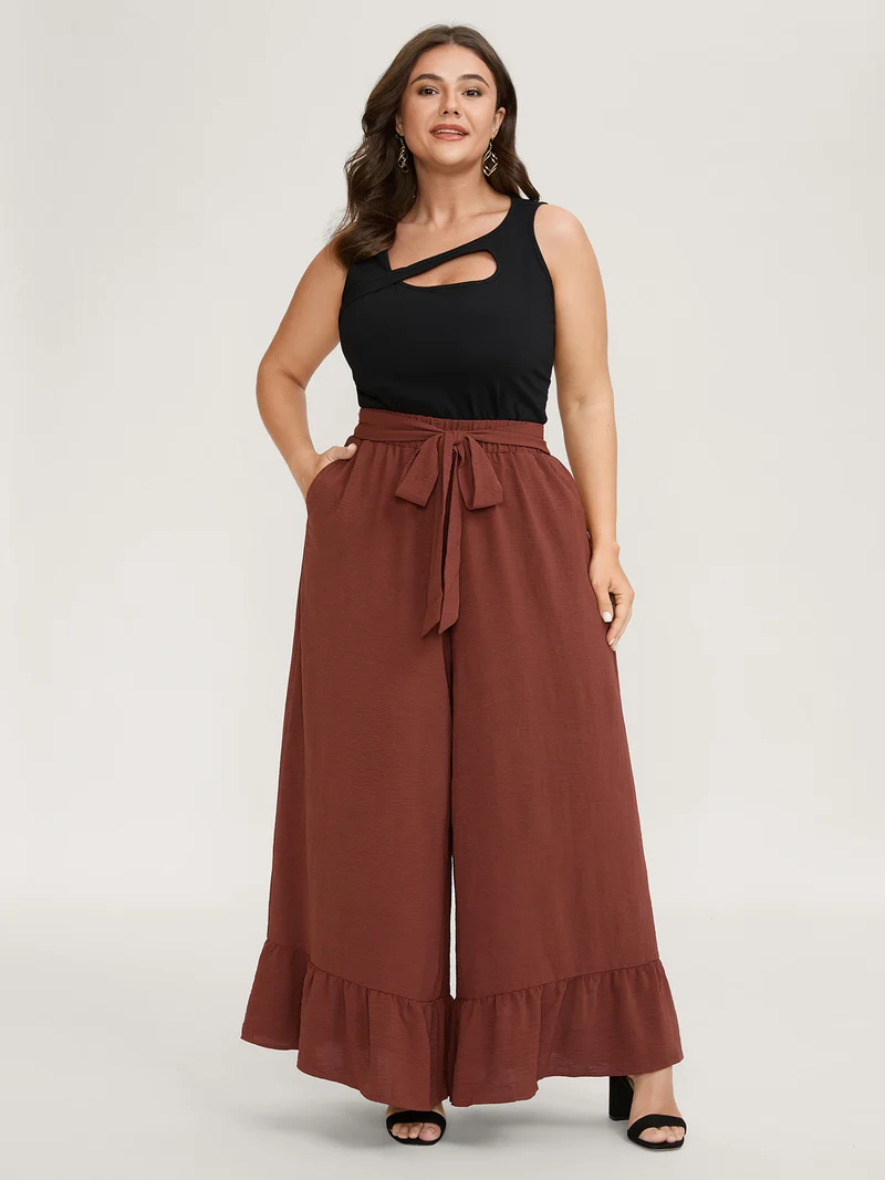 Ruffled Wide-Leg Belted Pants