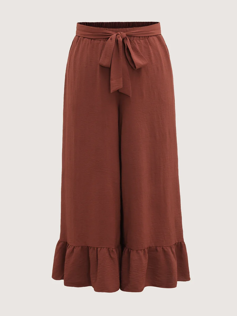 Ruffled Wide-Leg Belted Pants