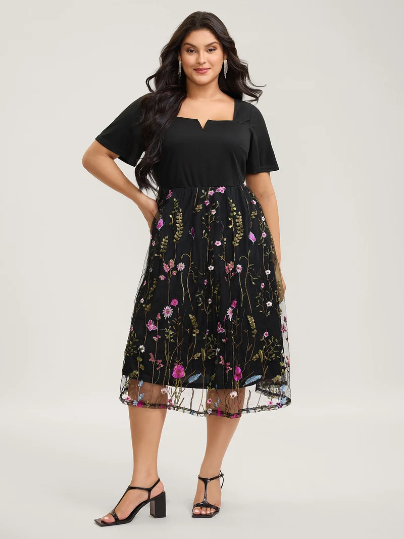 Floral Lined Contrast Square Neck Midi Dress