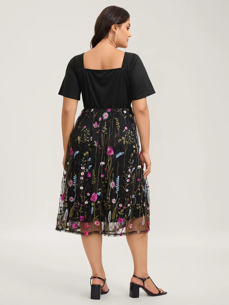 Floral Lined Contrast Square Neck Midi Dress