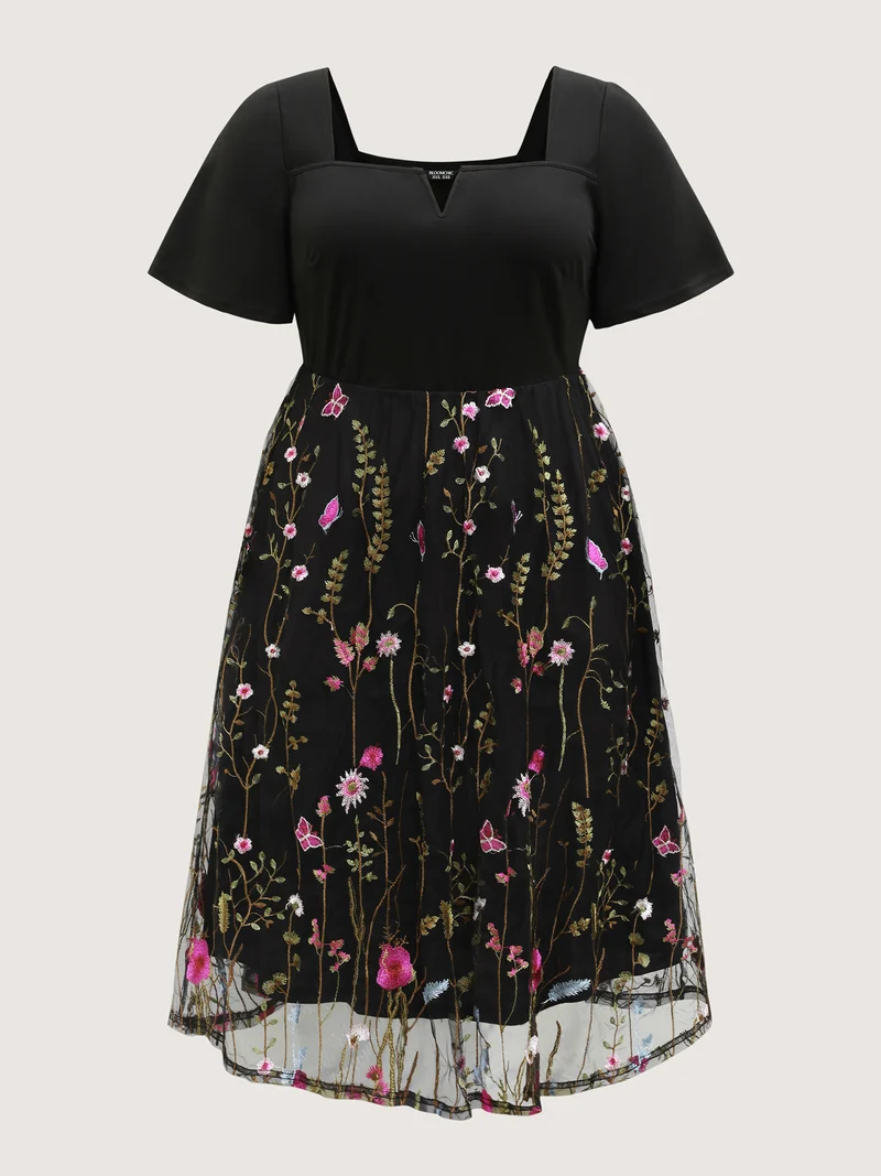 Floral Lined Contrast Square Neck Midi Dress