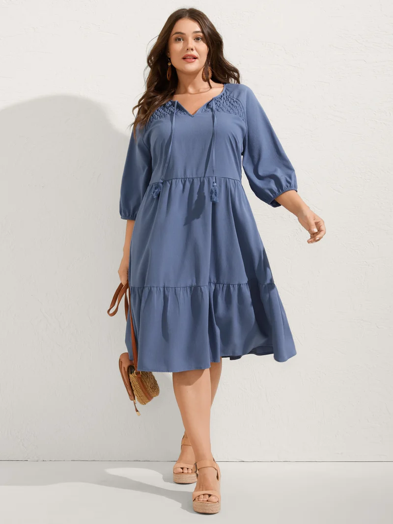 Neck-Tie Tassel Pockets Tiered Midi Dress