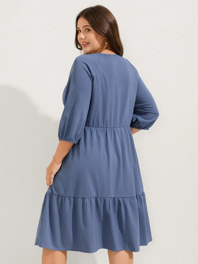 Neck-Tie Tassel Pockets Tiered Midi Dress