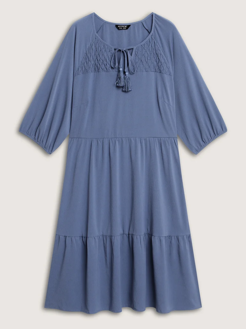 Neck-Tie Tassel Pockets Tiered Midi Dress