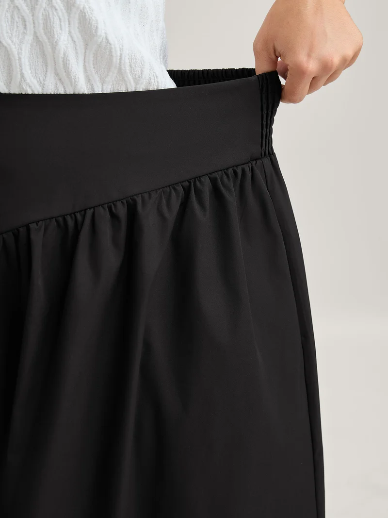 Wide Cinched-Waist Solid Midi Skirt