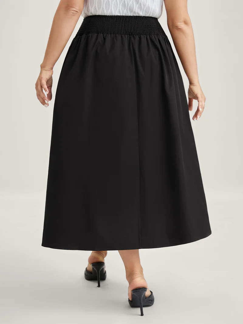 Wide Cinched-Waist Solid Midi Skirt
