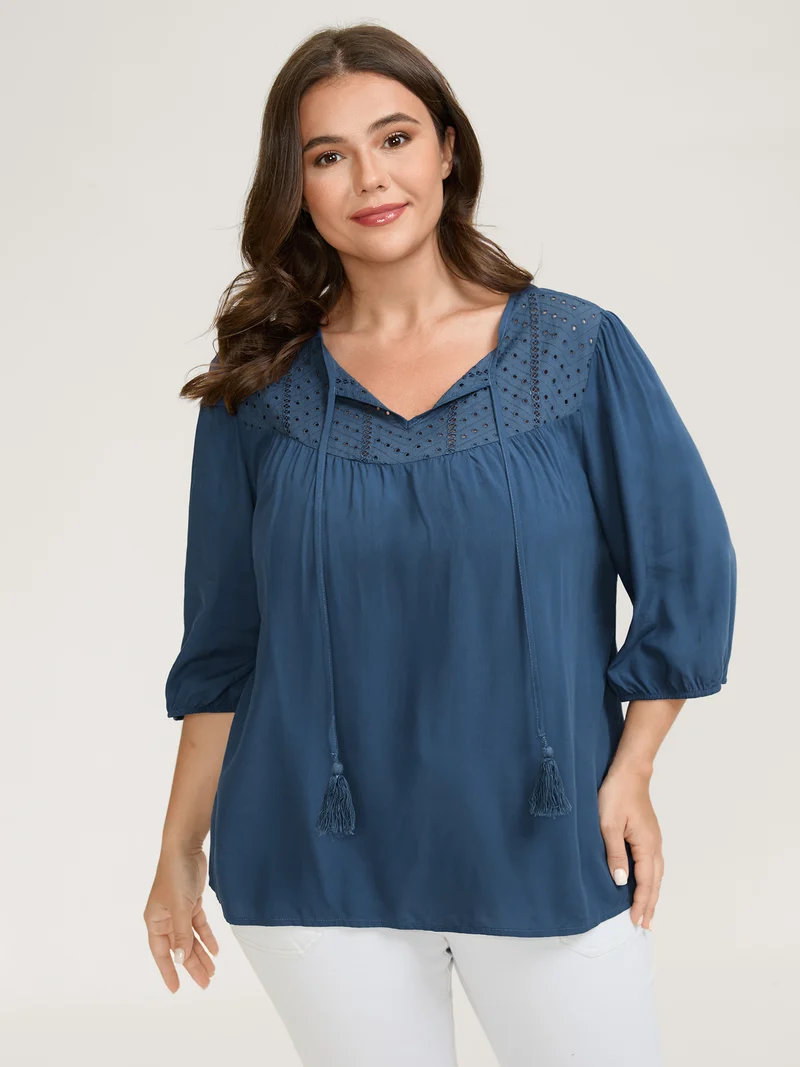 Rayon Eyelet Trim Neck-Tie Blouse