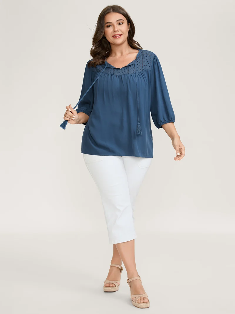 Rayon Eyelet Trim Neck-Tie Blouse