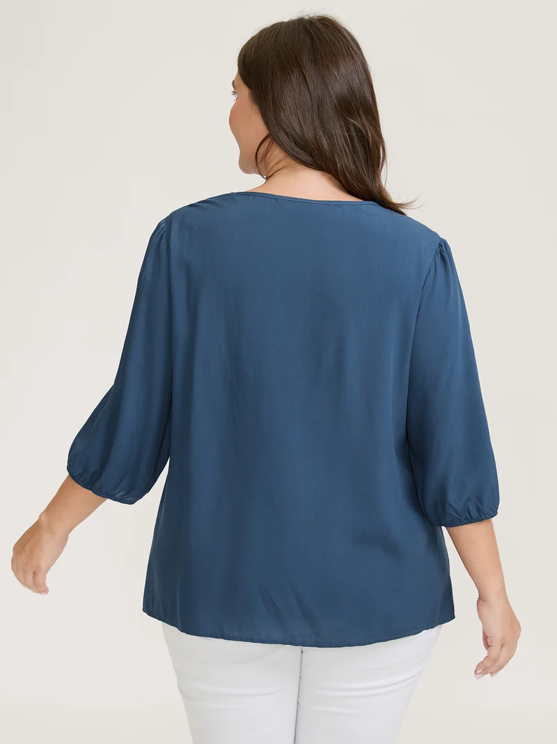 Rayon Eyelet Trim Neck-Tie Blouse