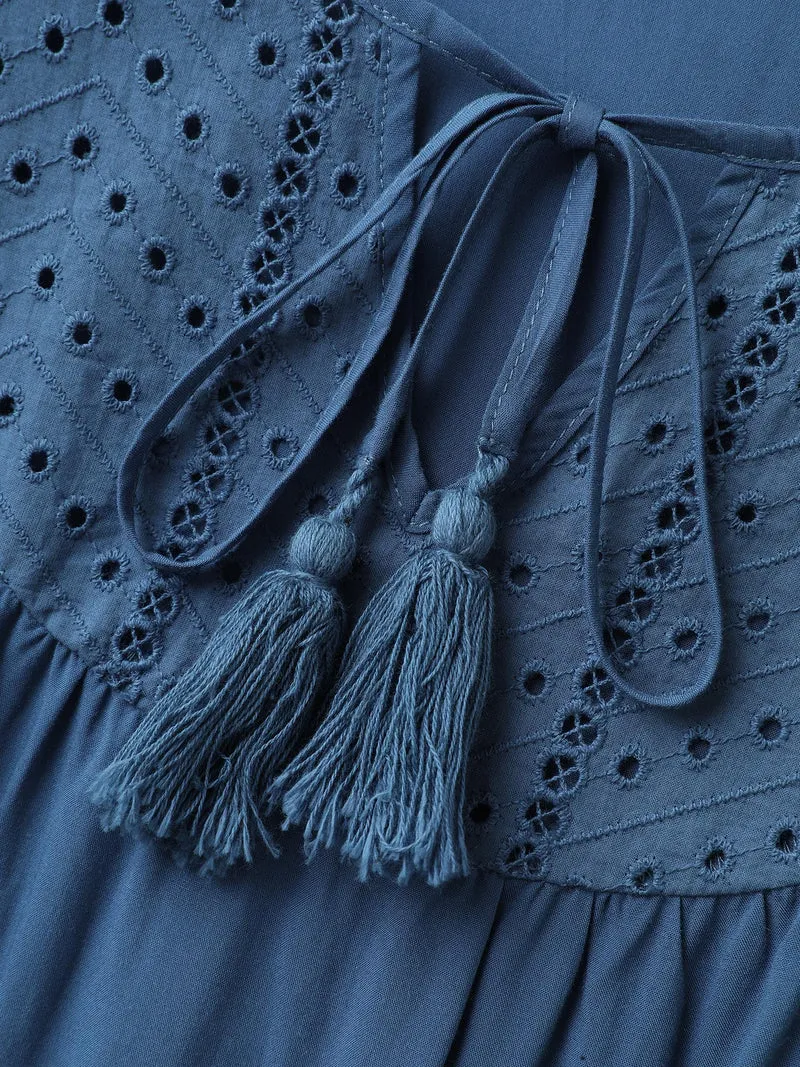 Rayon Eyelet Trim Neck-Tie Blouse