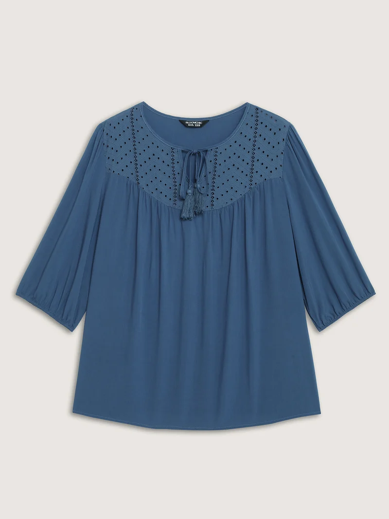 Rayon Eyelet Trim Neck-Tie Blouse
