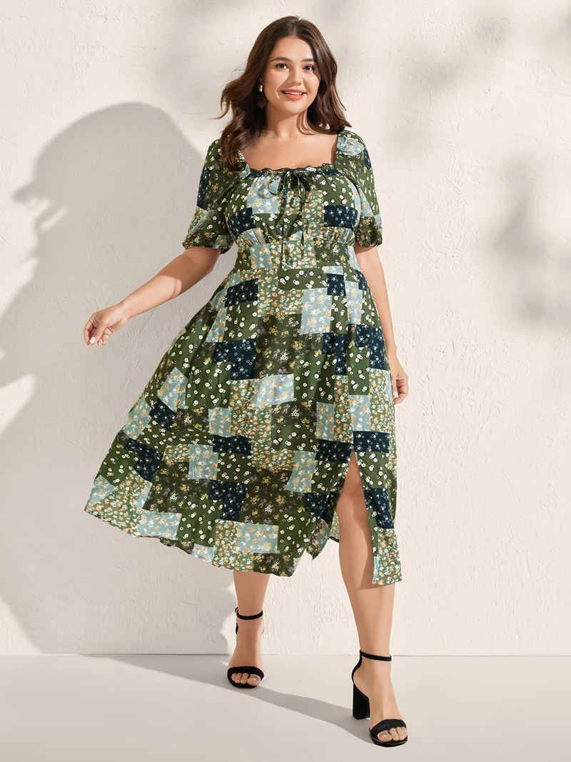 Floral Split Hem Neck Tie Midi Dress