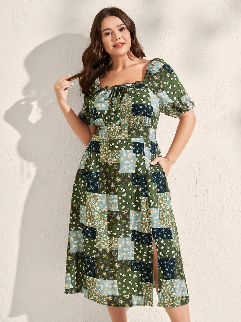 Floral Split Hem Neck Tie Midi Dress