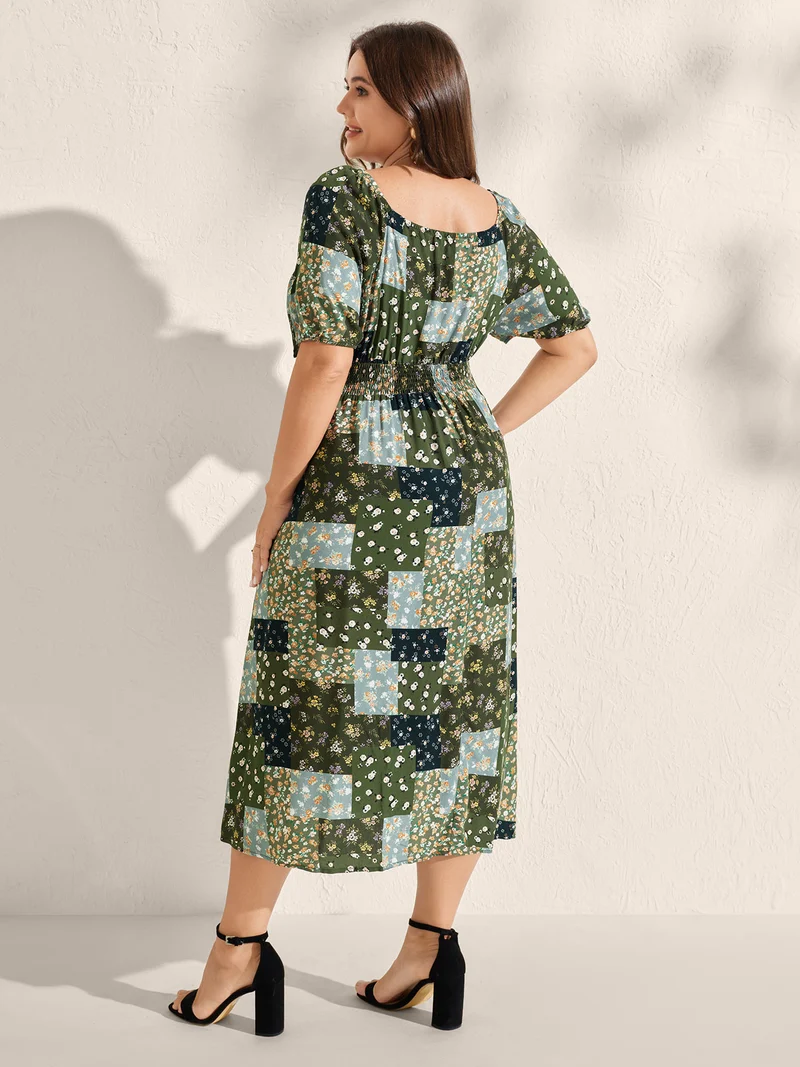 Floral Split Hem Neck Tie Midi Dress