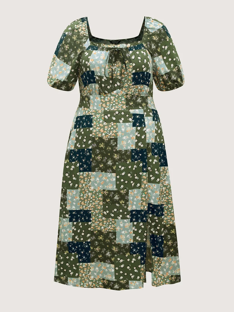 Floral Split Hem Neck Tie Midi Dress