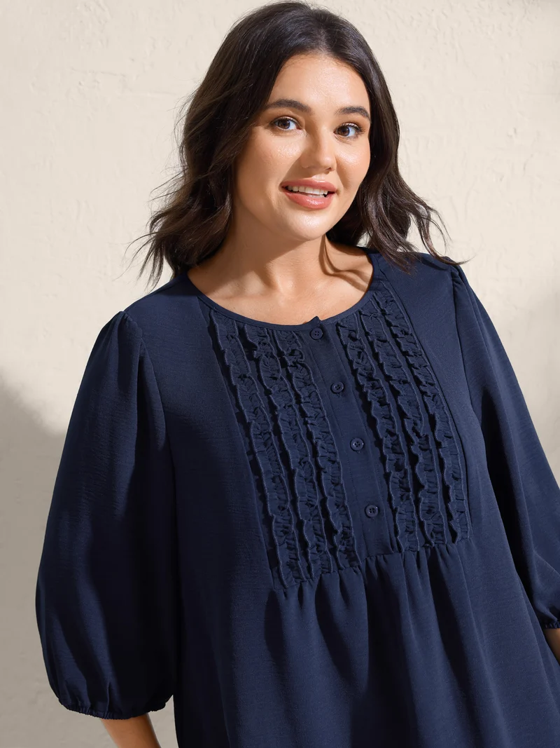 Ruffled Pleated Neck Lantern Sleeve Blouse