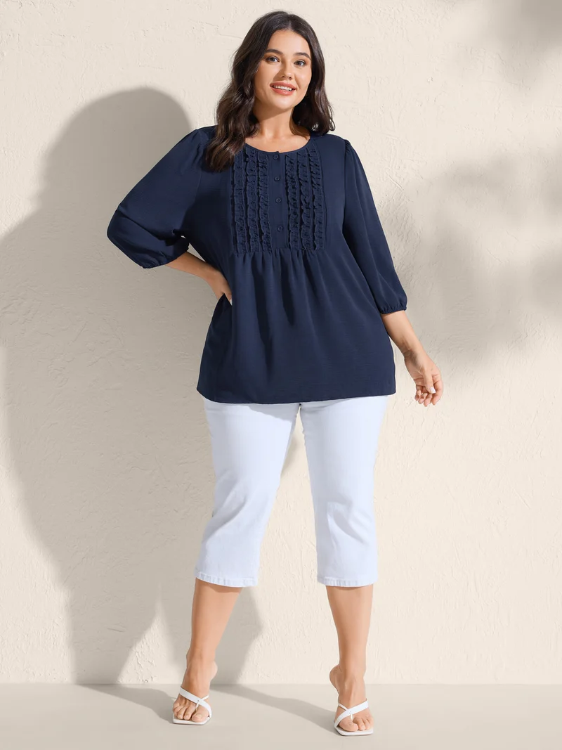 Ruffled Pleated Neck Lantern Sleeve Blouse