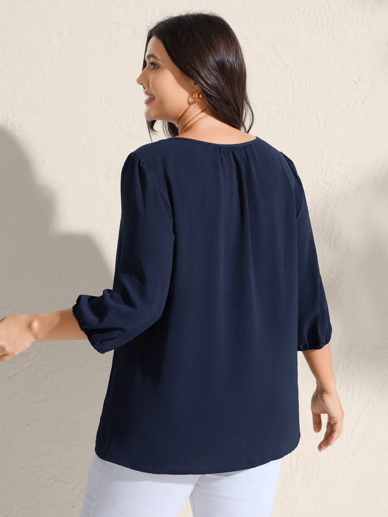 Ruffled Pleated Neck Lantern Sleeve Blouse