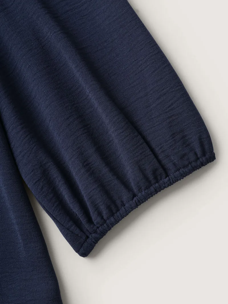 Ruffled Pleated Neck Lantern Sleeve Blouse