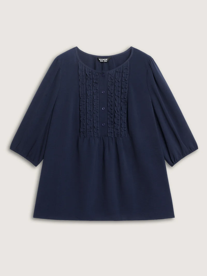 Ruffled Pleated Neck Lantern Sleeve Blouse