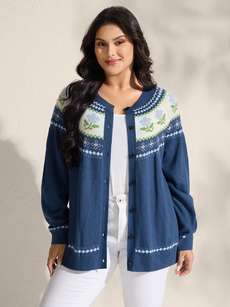 Fair Isle Jacquard Color Contrast Knit Cardigan