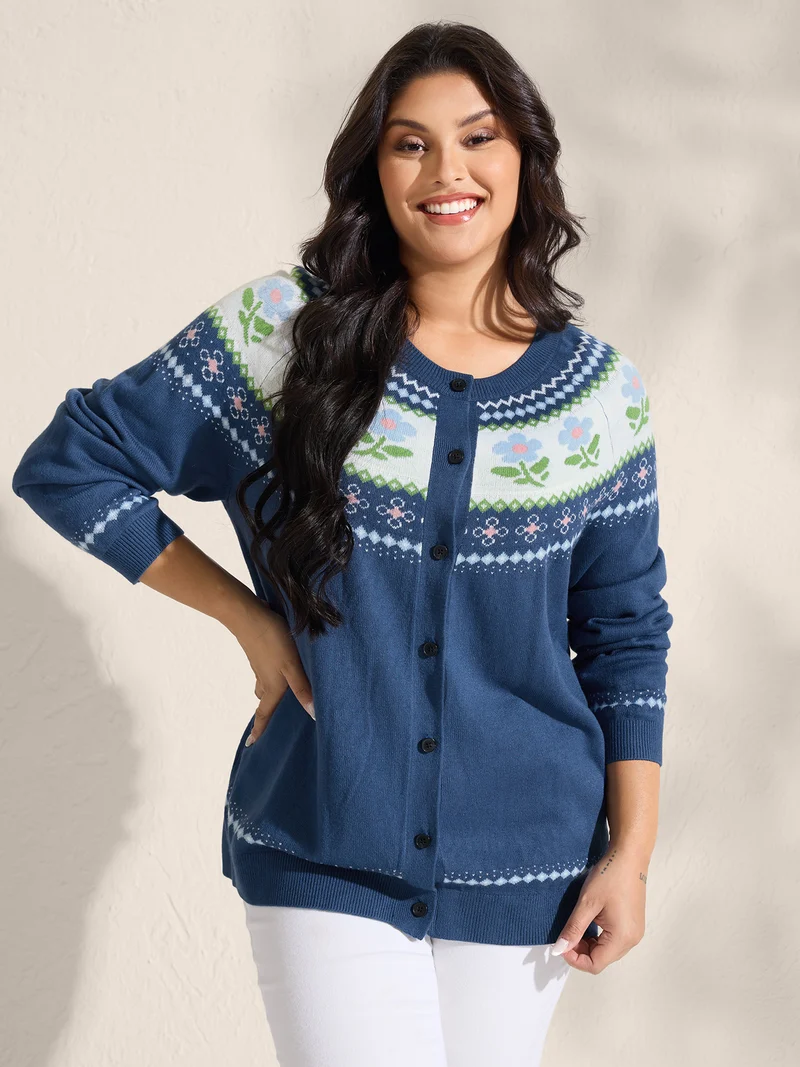 Fair Isle Jacquard Color Contrast Knit Cardigan