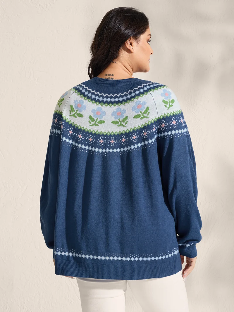 Fair Isle Jacquard Color Contrast Knit Cardigan