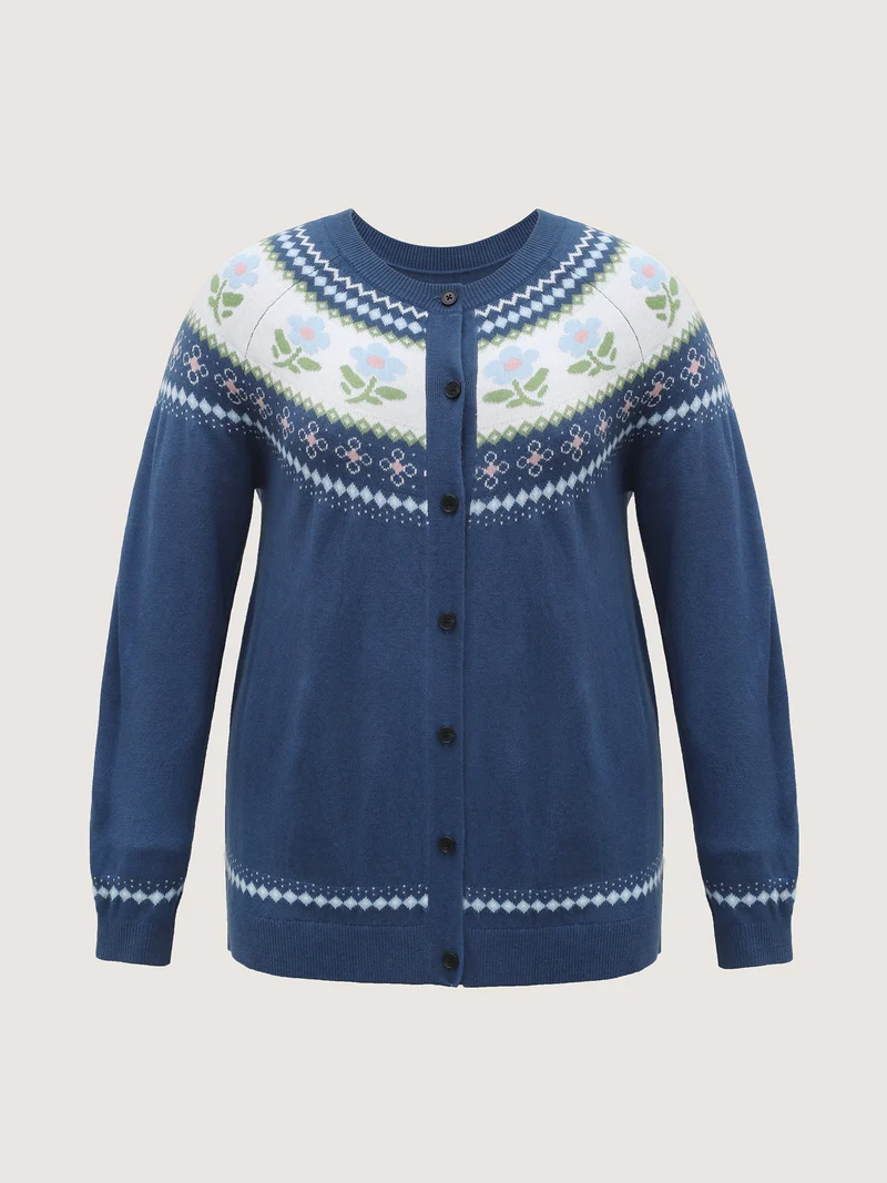 Fair Isle Jacquard Color Contrast Knit Cardigan