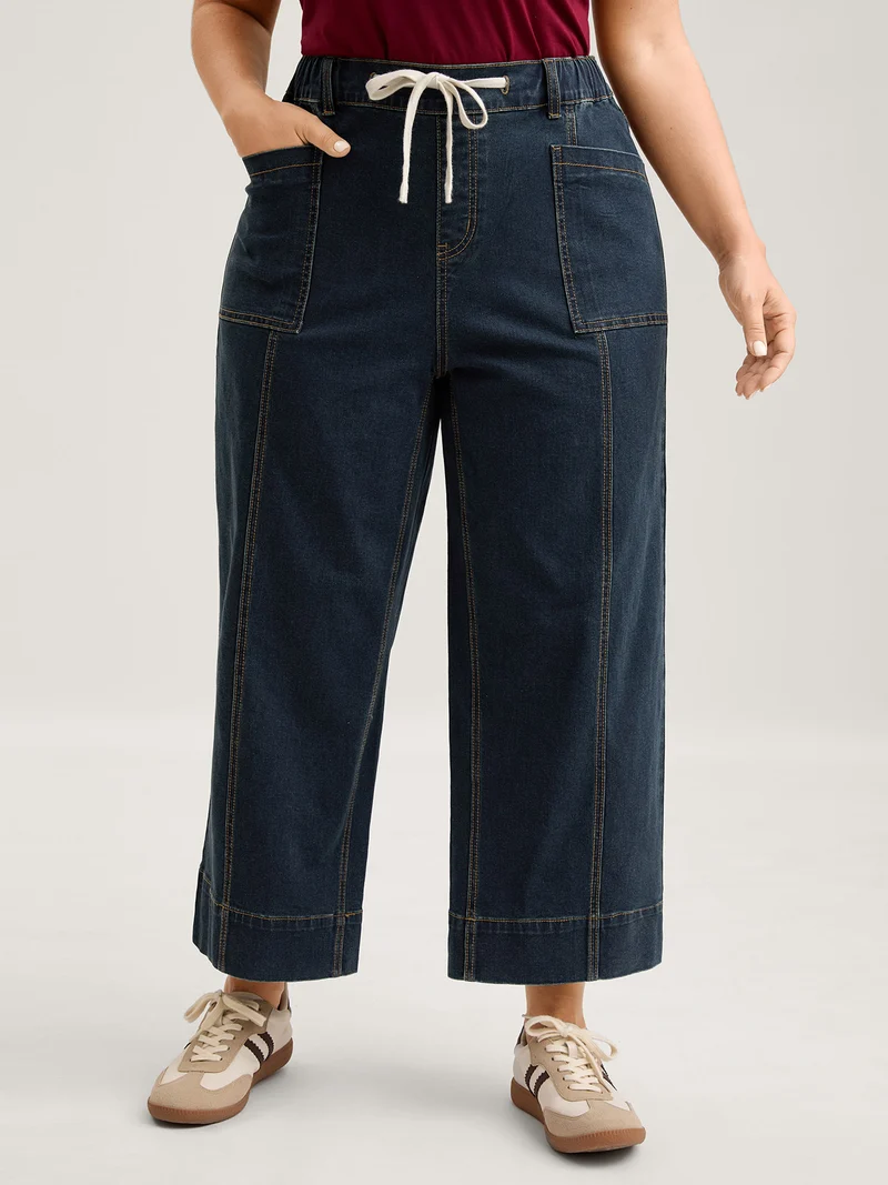 Drawstring Waist Elastic Waist Straight-Leg Jeans