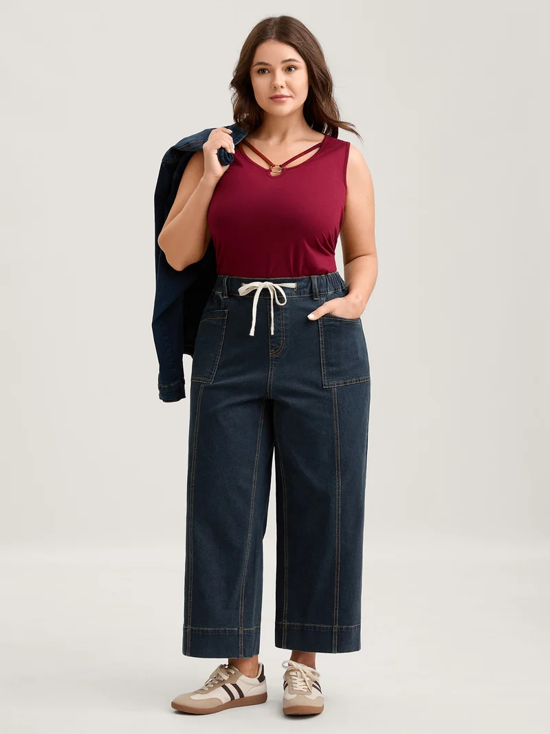 Drawstring Waist Elastic Waist Straight-Leg Jeans