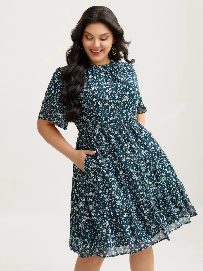 Monochromatic Floral Stretchy Waist Midi Dress