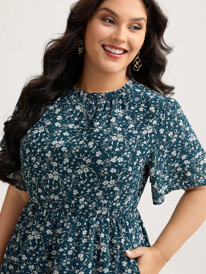 Monochromatic Floral Stretchy Waist Midi Dress