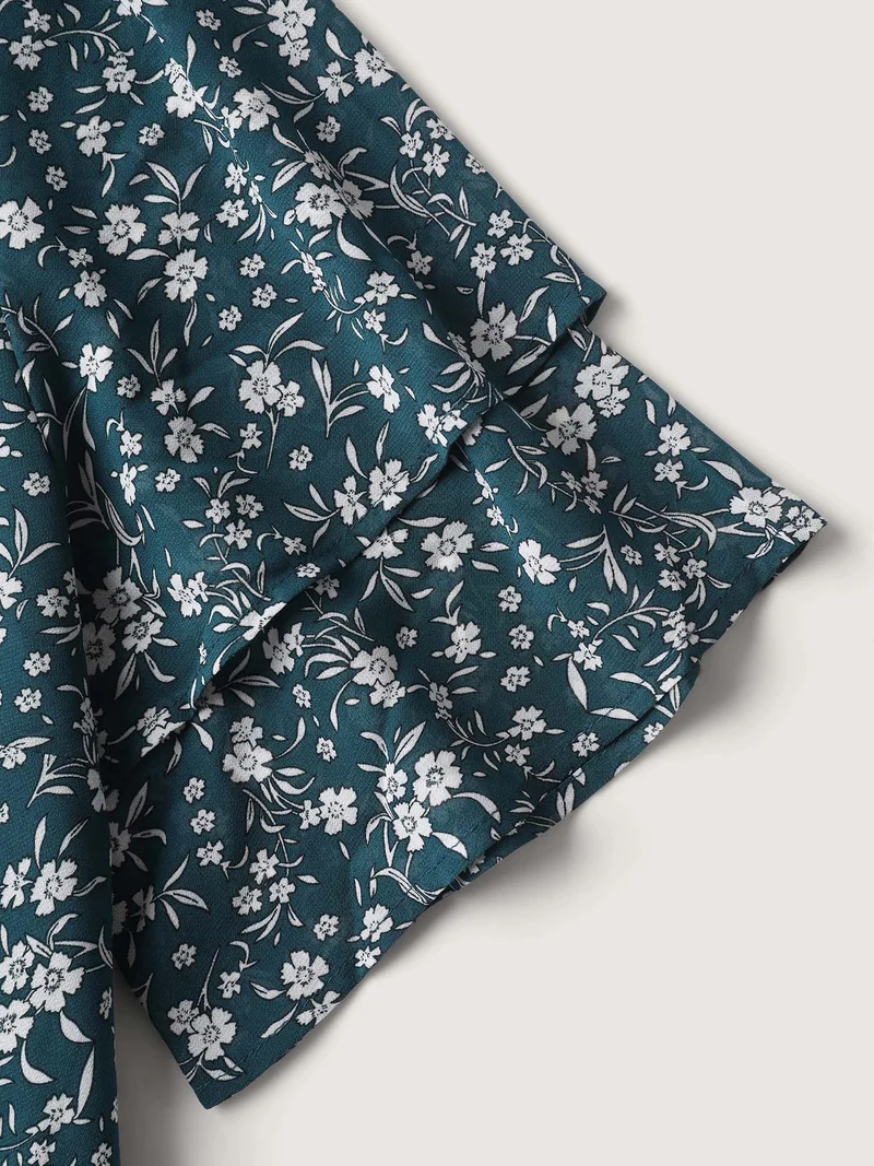 Monochromatic Floral Stretchy Waist Midi Dress