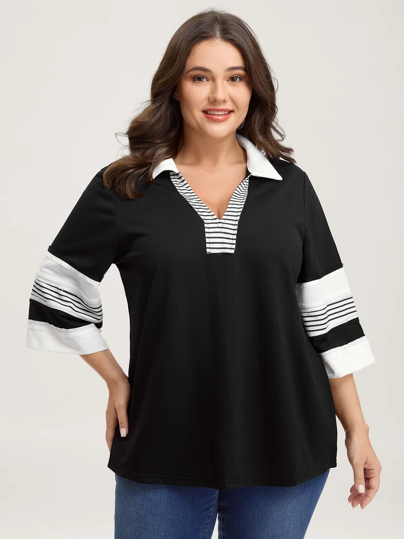 Non-Stretch Stripes Contrast Split Neck T-Shirt