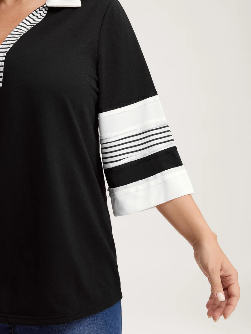 Non-Stretch Stripes Contrast Split Neck T-Shirt