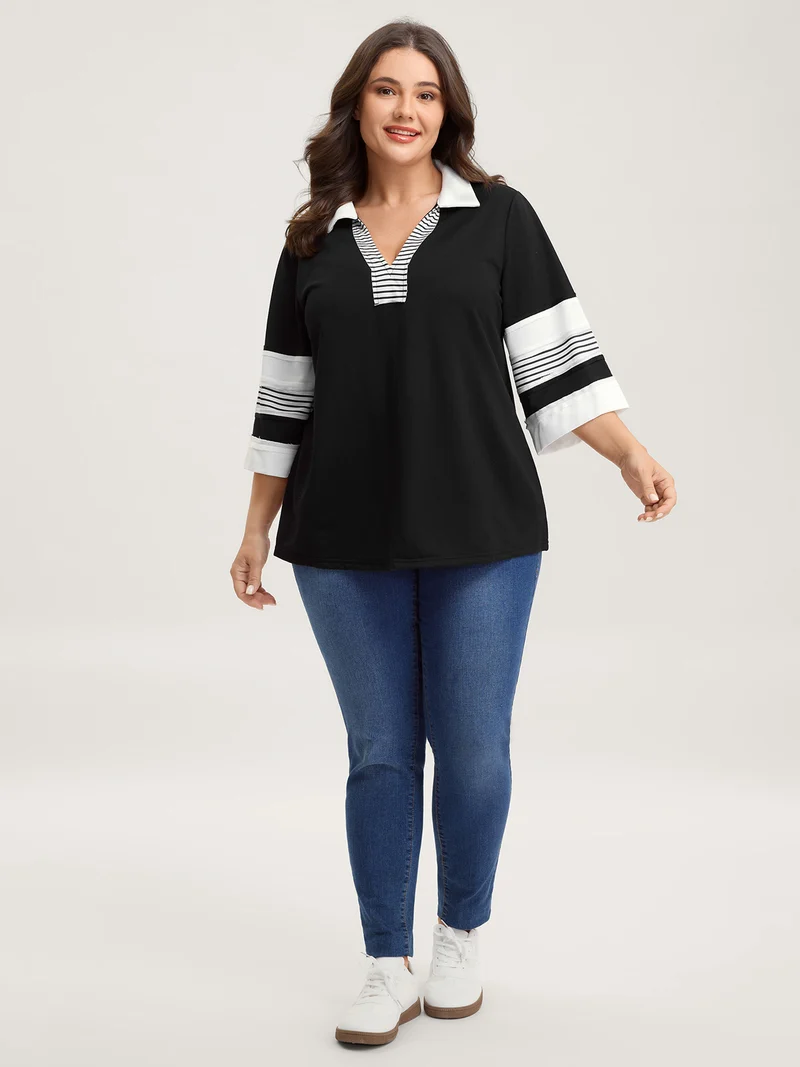 Non-Stretch Stripes Contrast Split Neck T-Shirt