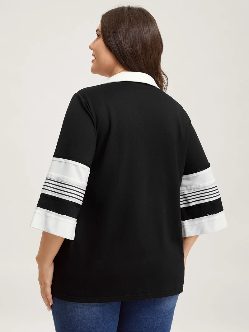 Non-Stretch Stripes Contrast Split Neck T-Shirt