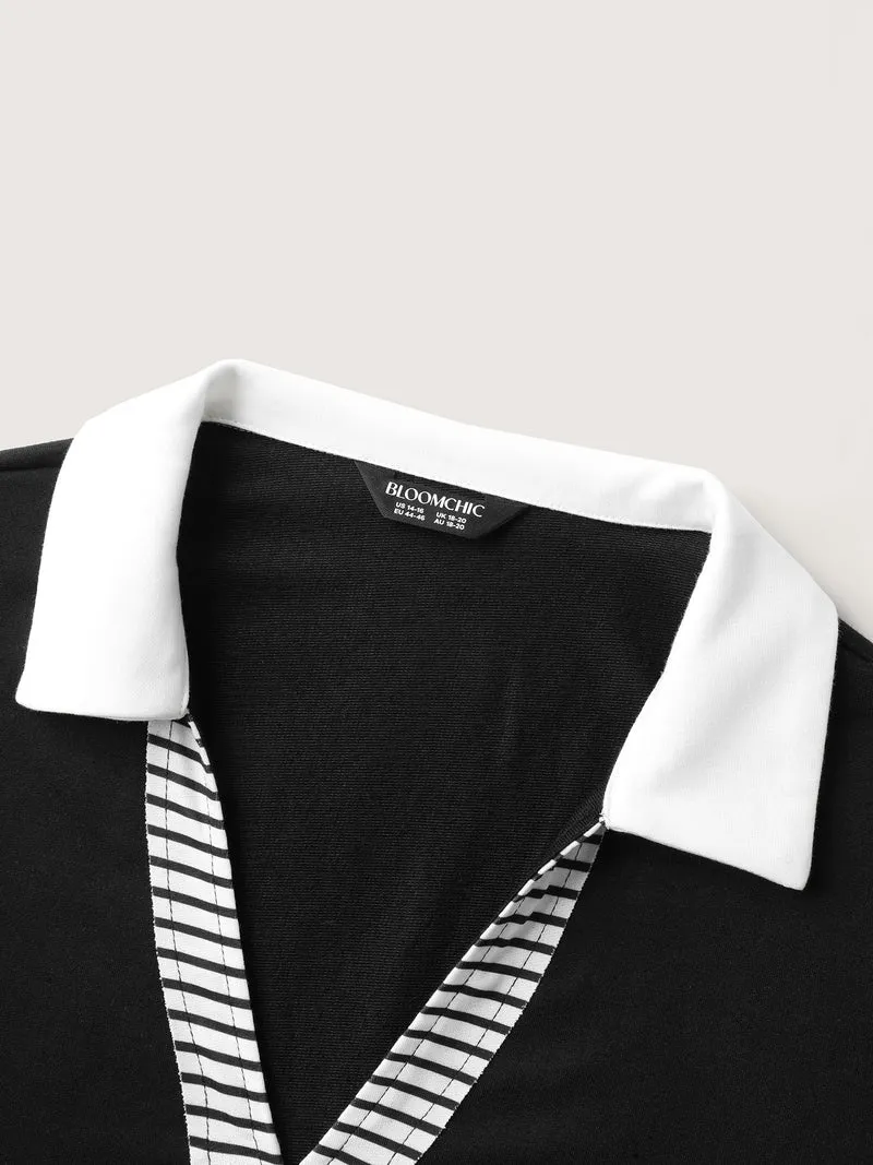 Non-Stretch Stripes Contrast Split Neck T-Shirt
